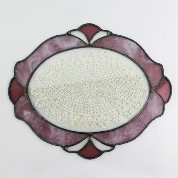 Oval Stained Glass Suncatcher W/ Crocheted Doily Window Hanging 15.5" Wide
