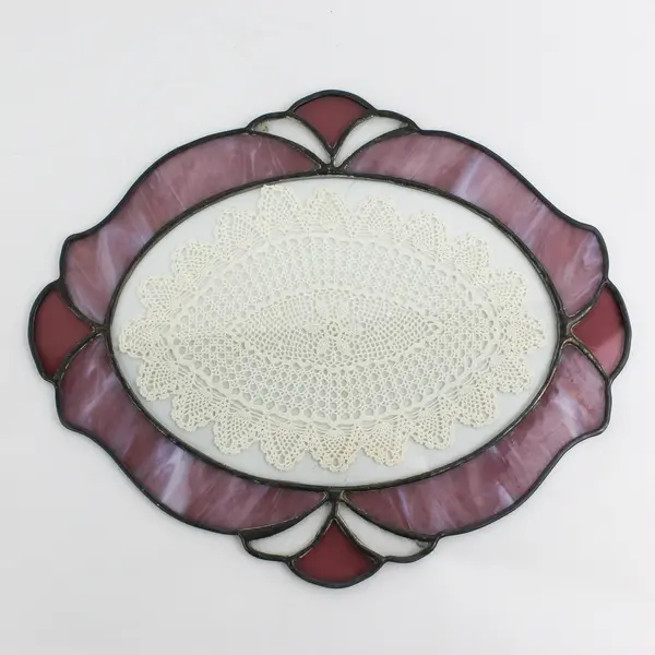 Oval Stained Glass Suncatcher W/ Crocheted Doily Window Hanging 15.5" Wide