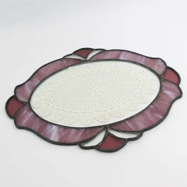 Oval Stained Glass Suncatcher W/ Crocheted Doily Window Hanging 15.5" Wide