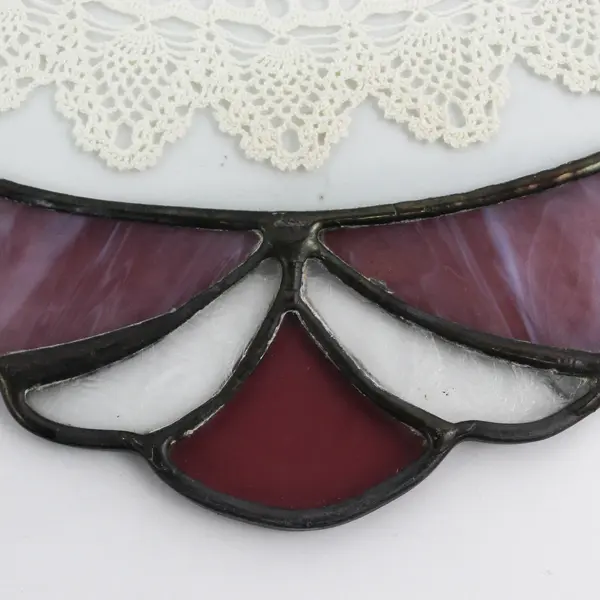 Oval Stained Glass Suncatcher W/ Crocheted Doily Window Hanging 15.5" Wide