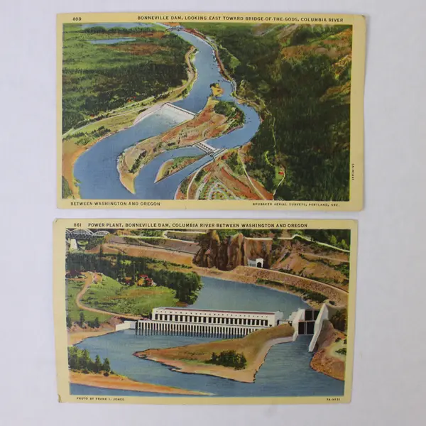 Lot Of 2 Bonneville Dam Columbia River Oregon Washington Litho Postcards 1940s