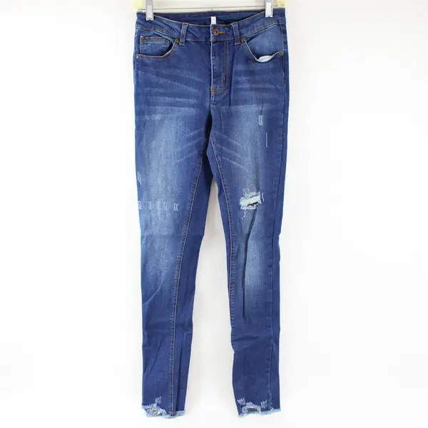 NANA Juniors' 7 Blue Mid Waist Raw Hem Distressed Skinny Denim Jeans