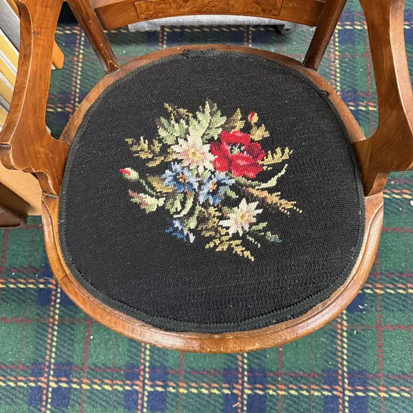 Antique Victorian Wooden Accent Chair With Rose Embroidered Needlepoint 1873