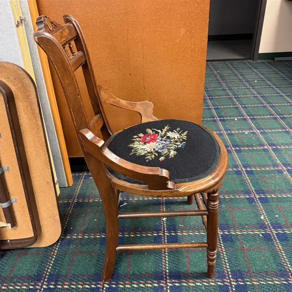 Antique Victorian Wooden Accent Chair With Rose Embroidered Needlepoint 1873