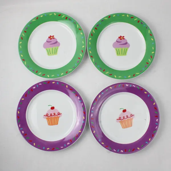 Lot Of 4 Tag 2 Green & 2 Purple Cupcake Patterned Round Ceramic Plates 8.25"