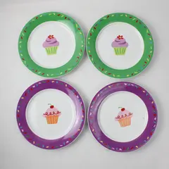 Lot Of 4 Tag 2 Green & 2 Purple Cupcake Patterned Round Ceramic Plates 8.25"