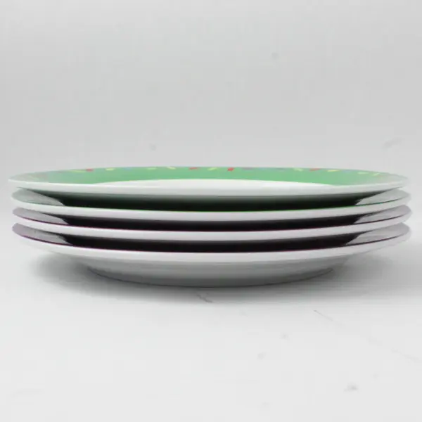 Lot Of 4 Tag 2 Green & 2 Purple Cupcake Patterned Round Ceramic Plates 8.25"