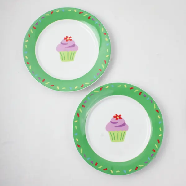 Lot Of 4 Tag 2 Green & 2 Purple Cupcake Patterned Round Ceramic Plates 8.25"