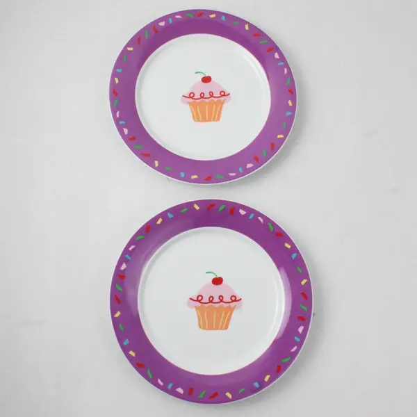 Lot Of 4 Tag 2 Green & 2 Purple Cupcake Patterned Round Ceramic Plates 8.25"