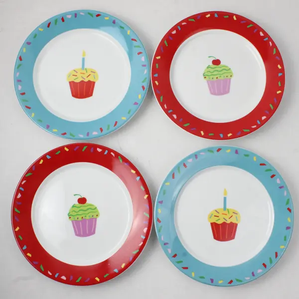 Lot Of 4 Tag 2 Blue & 2 Red Cupcake Patterned Round Ceramic Plates 8.25"