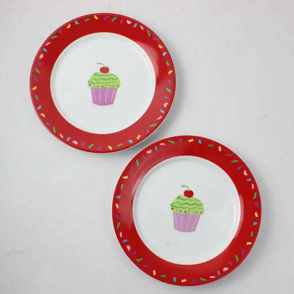 Lot Of 4 Tag 2 Blue & 2 Red Cupcake Patterned Round Ceramic Plates 8.25"