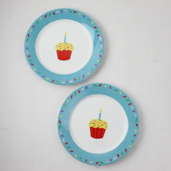 Lot Of 4 Tag 2 Blue & 2 Red Cupcake Patterned Round Ceramic Plates 8.25"