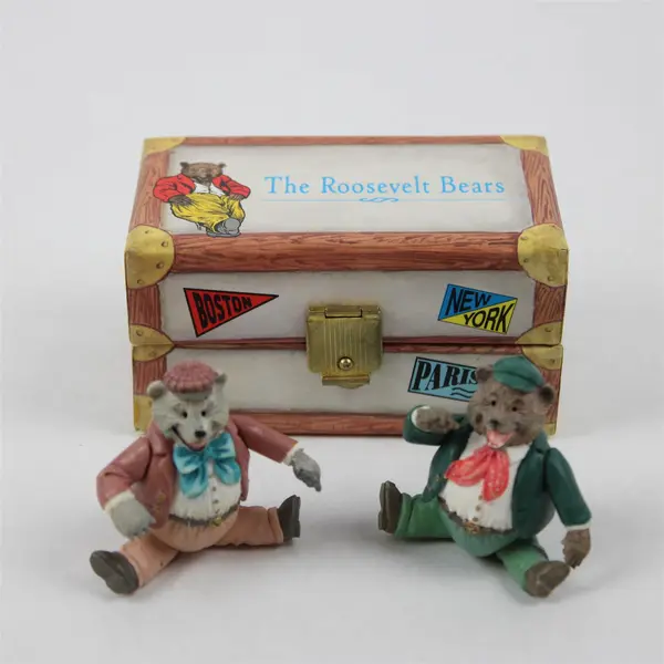 1992 Roosevelt Bears Grey & Black Bear Mini Toy Chest Set of 2 New