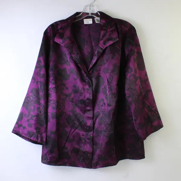 Vtg Covington Women's 16-18W Purple Satin Floral Button Up 1/2 Sleeve Blouse