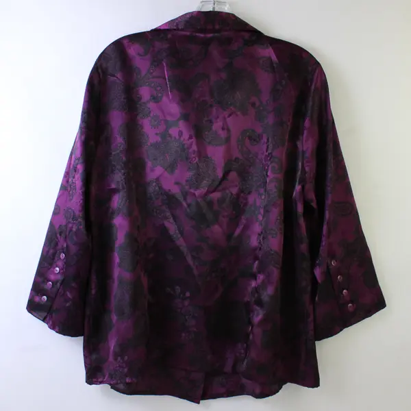 Vtg Covington Women's 16-18W Purple Satin Floral Button Up 1/2 Sleeve Blouse
