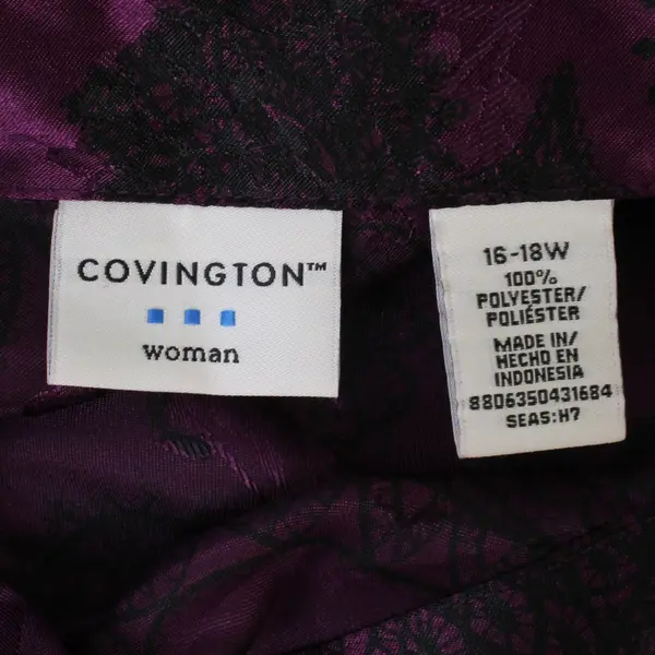 Vtg Covington Women's 16-18W Purple Satin Floral Button Up 1/2 Sleeve Blouse