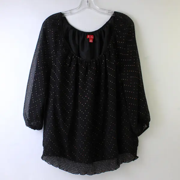 Elle Women's 0X Plus Black w/Bronze Dot Pattern Sheer Puff 1/2 Sleeve Blouse