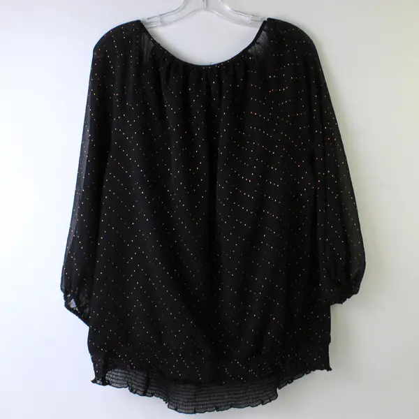 Elle Women's 0X Plus Black w/Bronze Dot Pattern Sheer Puff 1/2 Sleeve Blouse