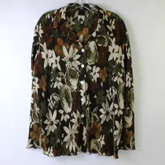 Vtg j.t.b. Women's XL Green Floral Crinkle Long Bell Sleeve Button Up Blouse