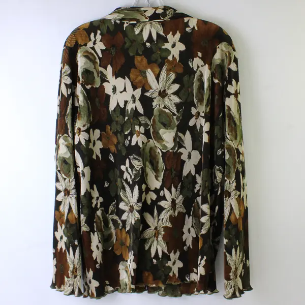 Vtg j.t.b. Women's XL Green Floral Crinkle Long Bell Sleeve Button Up Blouse