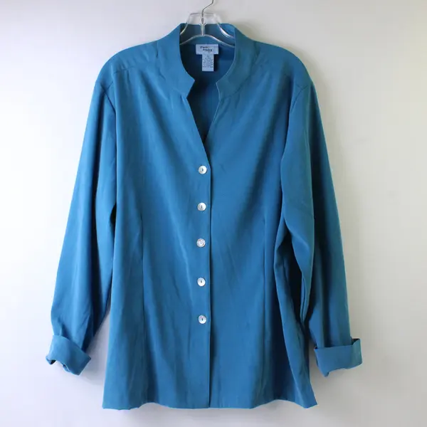 Jane Ashley Women's 1X Teal Button Up V-Neck Long Sleeve Blouse