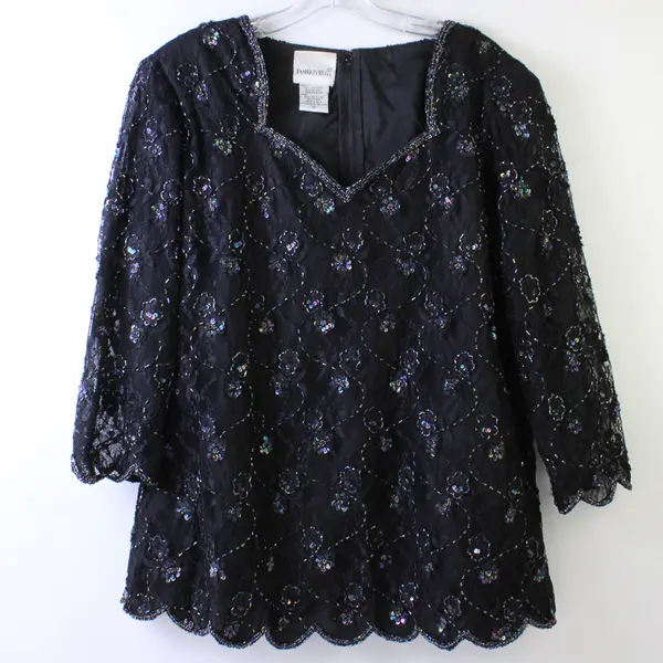 Vintage Fashion Bug Women's 16 Black Floral Beaded Lace 3/4 Sleeve Blouse