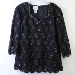 Vintage Fashion Bug Women's 16 Black Floral Beaded Lace 3/4 Sleeve Blouse