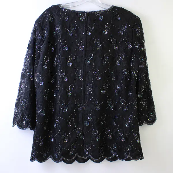 Vintage Fashion Bug Women's 16 Black Floral Beaded Lace 3/4 Sleeve Blouse