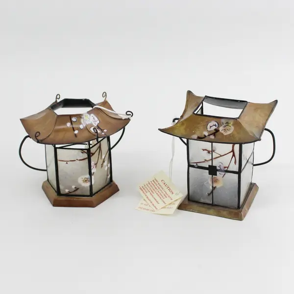 Lot Of 2 Enesco Small Japanese Style Cherry Blossoms Candle Holder Lantern 1999