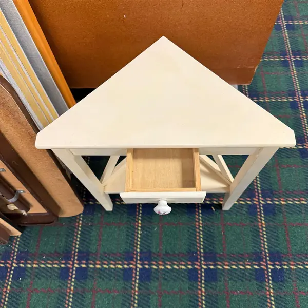 Small White Triangle Corner Table Flower Design Knob Drawer