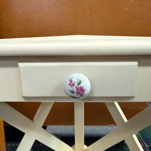 Small White Triangle Corner Table Flower Design Knob Drawer