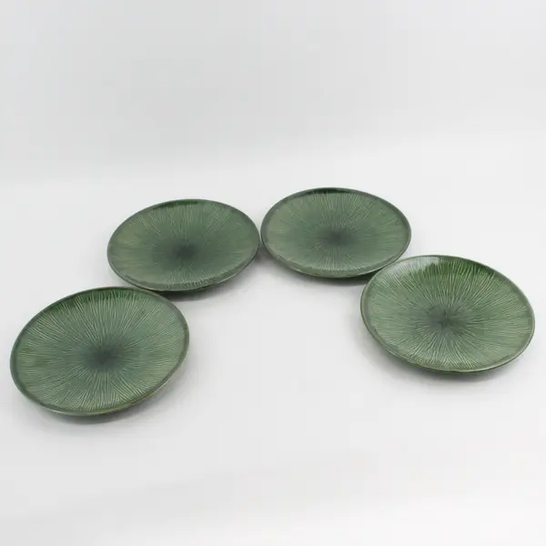 Lot Of 4 Lynns Matching Green Bamboo Patterned Ceramic Plates 8.5" Diameter