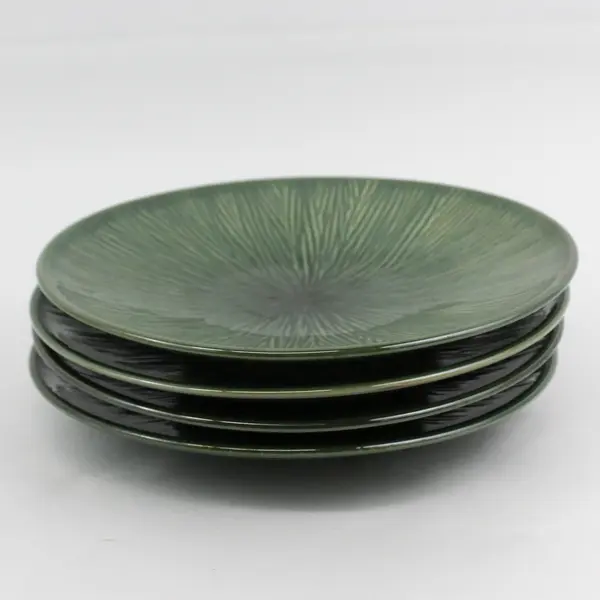 Lot Of 4 Lynns Matching Green Bamboo Patterned Ceramic Plates 8.5" Diameter