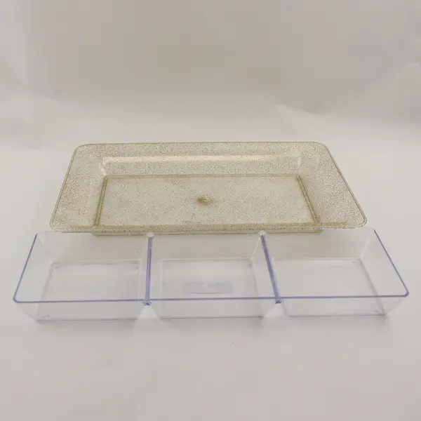 Lot of 2 Serving Trays - Clear 3-Section & Gold Glitter Plastic