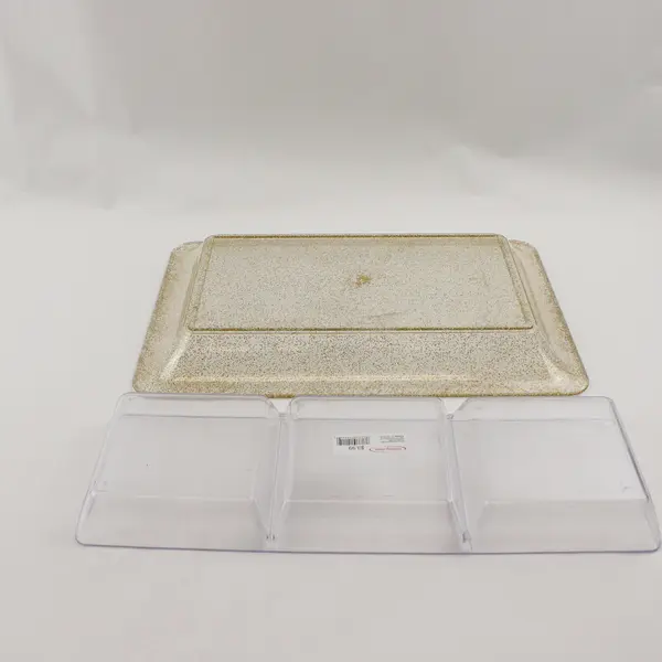 Lot of 2 Serving Trays - Clear 3-Section & Gold Glitter Plastic