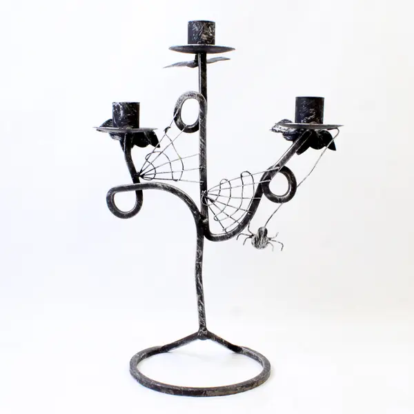 12in Halloween Black Metal Candelabra Candle Holder Spider Webs Bats