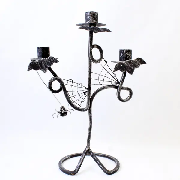12in Halloween Black Metal Candelabra Candle Holder Spider Webs Bats