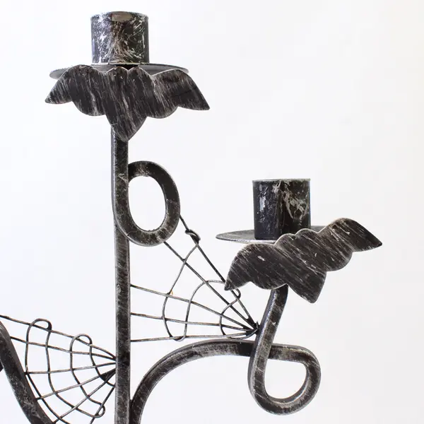 12in Halloween Black Metal Candelabra Candle Holder Spider Webs Bats