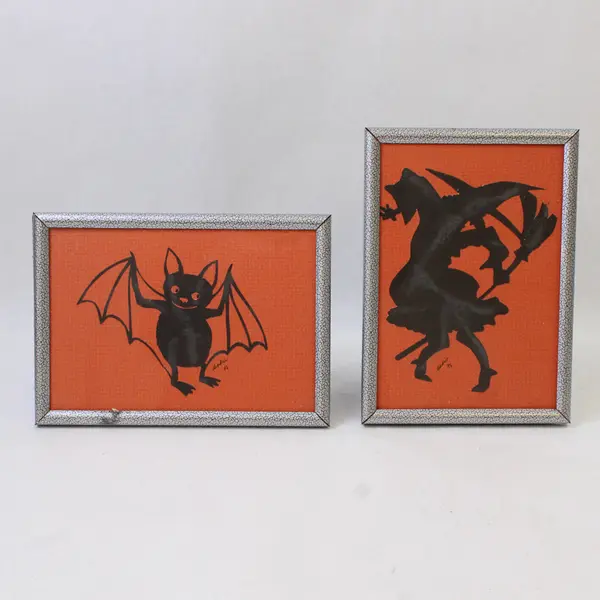 Lot of 2 Halloween Pictures Bat & Witch Seasonal Decor Collectible