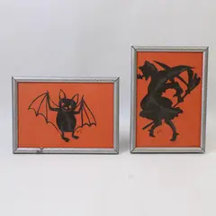 Lot of 2 Halloween Pictures Bat & Witch Seasonal Decor Collectible