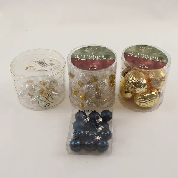 Assorted Christmas Ornaments Gold Clear Blue Mixed Shapes Holiday Decor