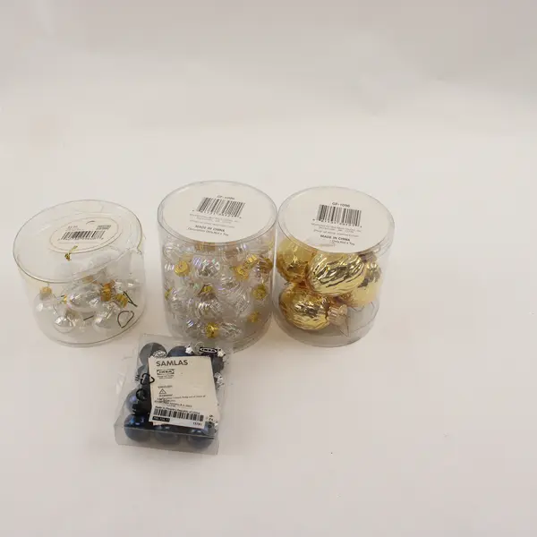 Assorted Christmas Ornaments Gold Clear Blue Mixed Shapes Holiday Decor