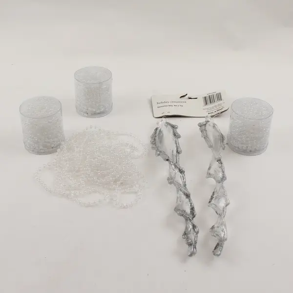 Lot of 4 White Christmas Ornaments - 3 Bead Garlands & 1 Icicle