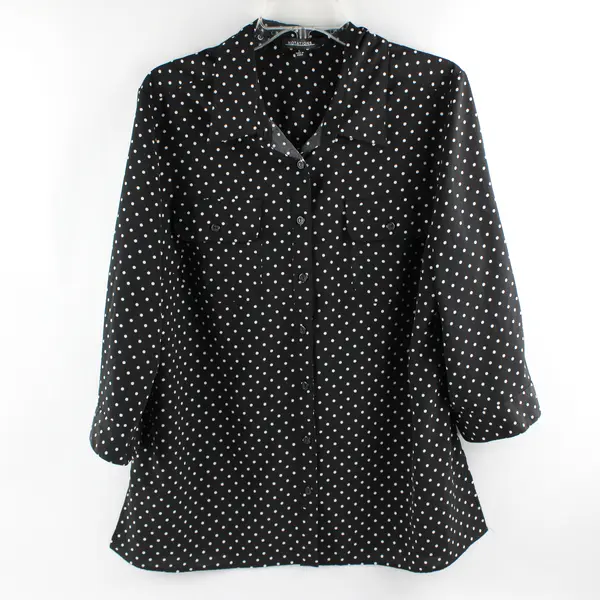 Notations White Polka Dot Black 3/4-Sleeve Button-Up Women's Large