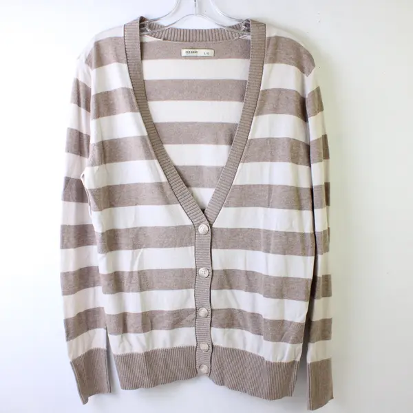 Old Navy Women's L Beige V-Neck Striped Button Up Long Sleeve Cardigan Sweater