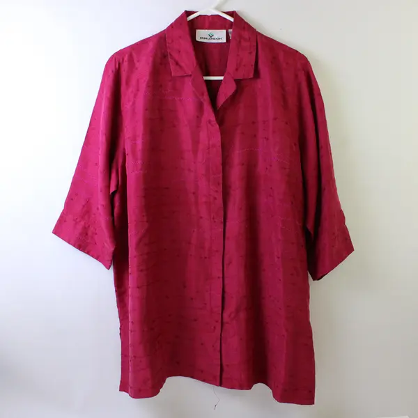 Vintage Erin London Women's 16 Fuchsia 100% Silk Button Up Short Sleeve Shirt 