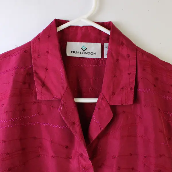 Vintage Erin London Women's 16 Fuchsia 100% Silk Button Up Short Sleeve Shirt 