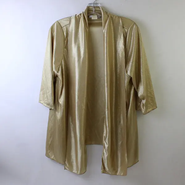 Vtg Only 9 Women's 1X Gold Glitter Short Sleeve Open Front Collared Cardigan