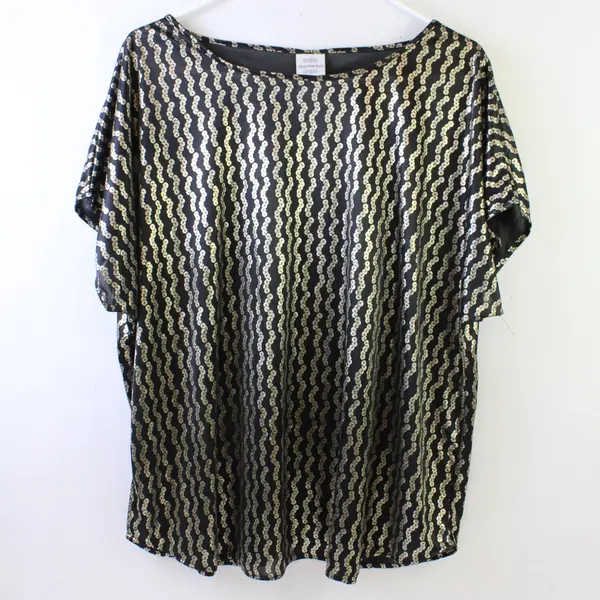 Vtg Collections Plus Women's 18W Black/Gold Printed Cap Sleeve Semi-Sheer Blouse