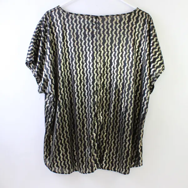 Vtg Collections Plus Women's 18W Black/Gold Printed Cap Sleeve Semi-Sheer Blouse